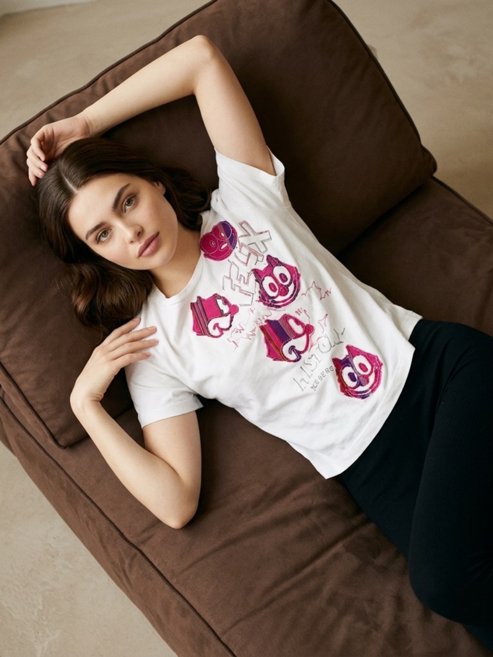 Girl’s White Graphic Cotton Tee with Pink Cartoon Faces